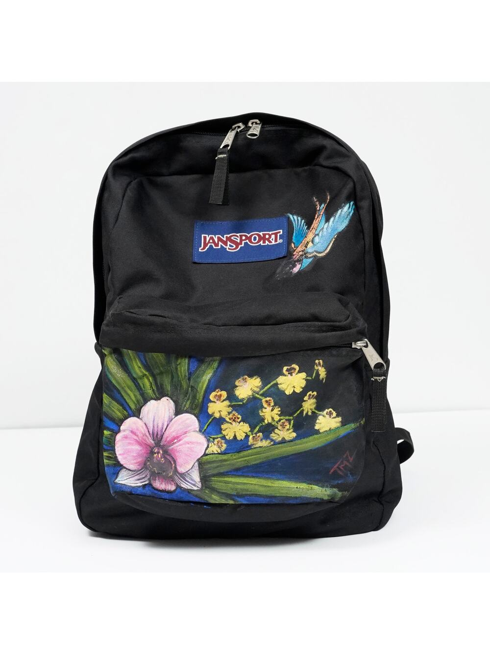 JanSport Custom Hand Painted Floral Backpack Black One of a Kind Art School Bag
